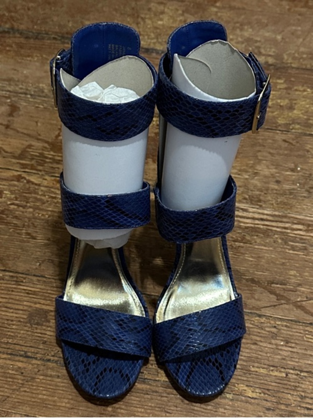 Charlotte Russe Navy Strappy Snake-Print High Heel Sandals